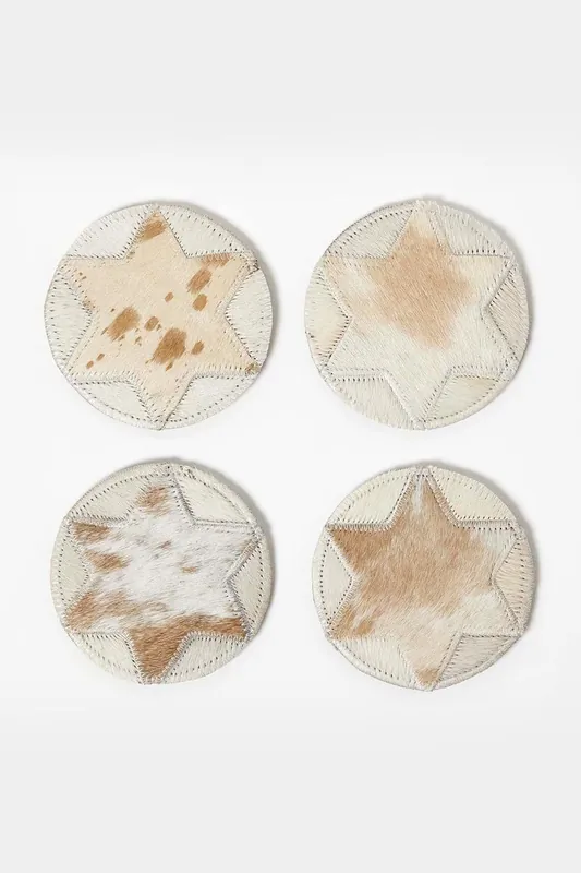 Brown Star Round Leather Coasters Set of 4 - Homescapes