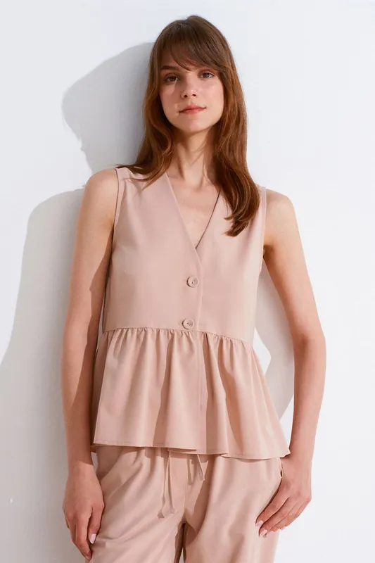 Sleeveless Crepe V-Neck Button Blouse