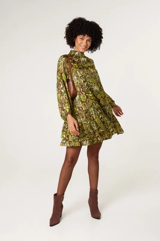 Brown High Neck Frill Hem Dress - Blue Vanilla