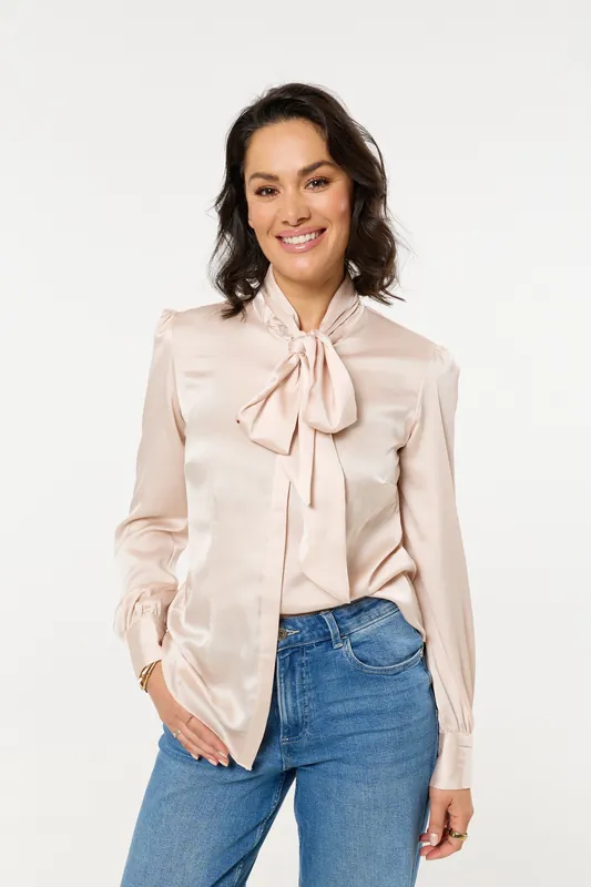 Champagne Satin Pussybow Blouse - Liquorish