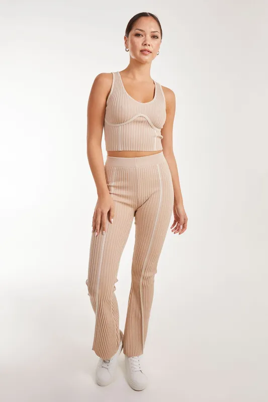Two Tone Rib Seam Detail Flares - Pink Vanilla