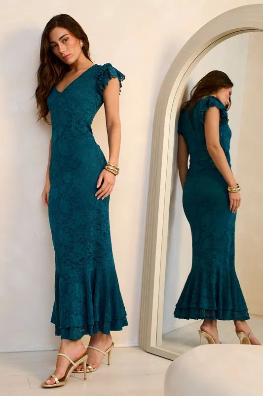 Teal Jersey Lace V Neck Ruffle Maxi Dress - Gini London