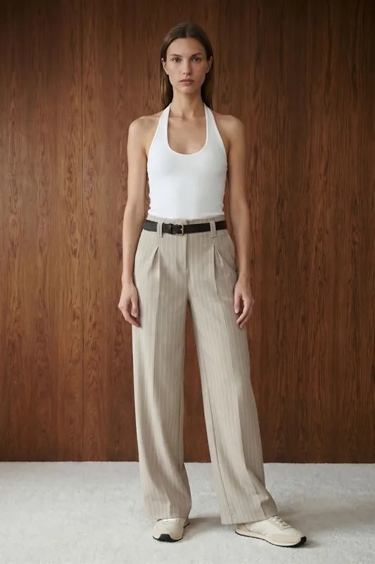 Striped Wide-Leg Pleated Trousers