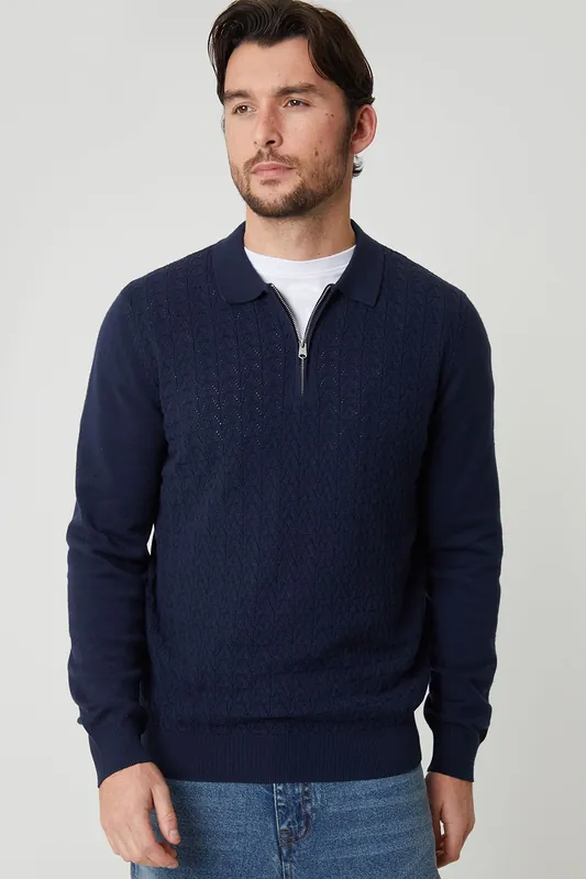 Textured Knit Quarter Zip Polo Jumper - Threadbare