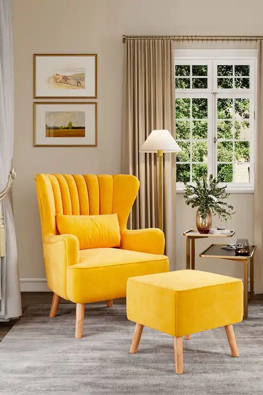 Yellow Brushed Fabric Stripe Curved Backrest Armchair with Footstool & Cushion - Living and Home