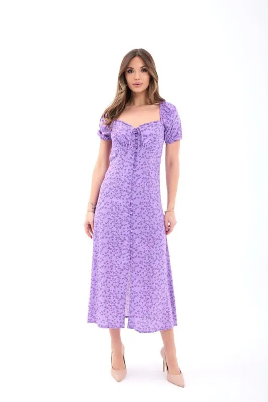 Floral Midi Dress with Square Collar and Button Closure - Janes