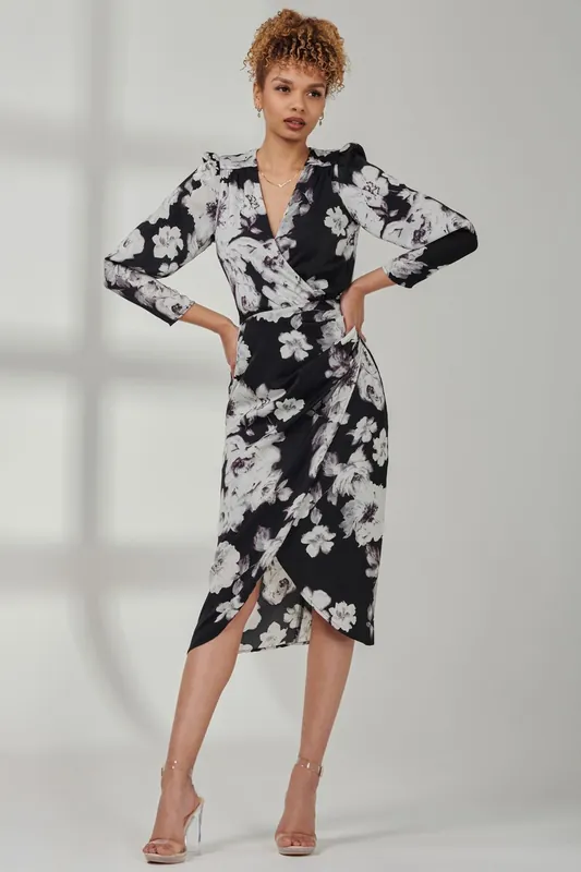 Print Satin Wrap Bodycon Dress - Jolie Moi