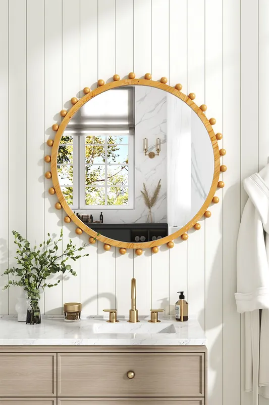79cm Dia Log-Colored Round Pine Wood Decorative Wall Mounted Mirror
