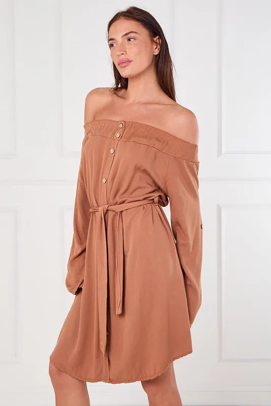 Off Shoulder Button Down Shirt Dress - ELAINA FASHION
