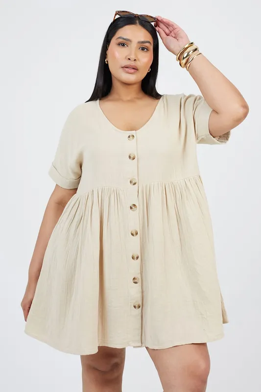 Curve Smock Style Button Front Mini Dress - Brave Soul