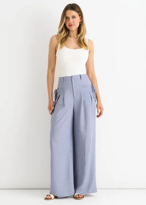 Linen Look High Waist Wide Leg Trousers - Gini London