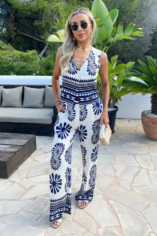 Navy Boho Border Print Wide Leg Trousers - AX Paris