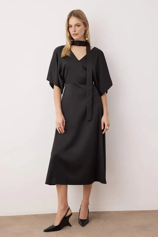 V Neck Midi Woven Dress with Scarf Detail - WOVCOR
