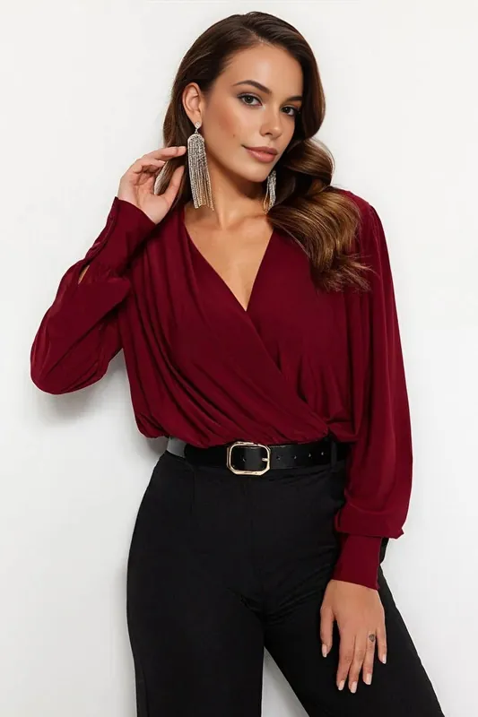 Long Sleeve Wrap Front Draped Bodysuit - WOVCOR