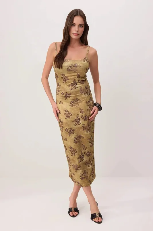Floral Bodycon Square Neck Sleeveless Knitted Dress - WOVCOR
