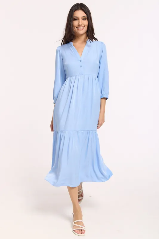 Blue Tiered Midi Smock Dress - Liquorish