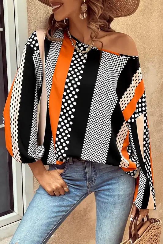 Orange Polka Dot Vertical Striped Printed Puff Sleeve Blouse - Everyday The Label