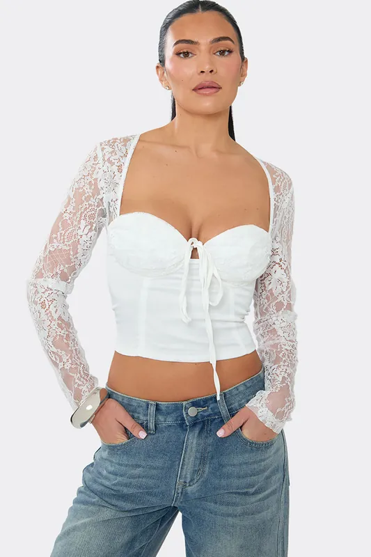 Long Sleeve Tie Sweetheart Neckline Tie Satin Top - EGO