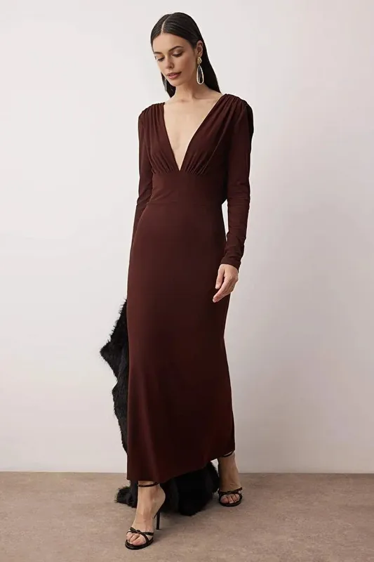 Plunge Neck Long Sleeve Lined Knit Maxi Dress - WOVCOR