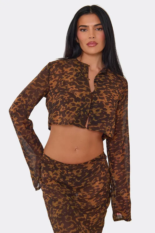 Long Sleeve Button Round Neck Crop Top - EGO
