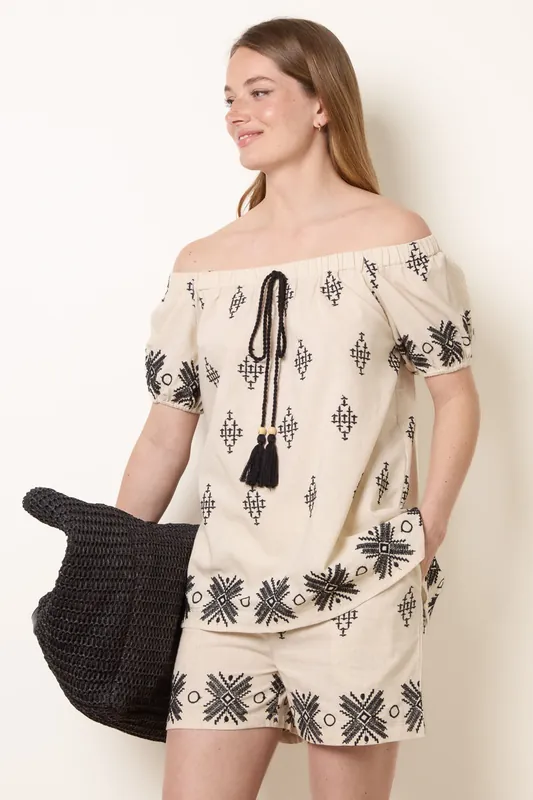 Stone Embroidered Bardot Top - Blue Vanilla