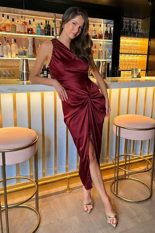 Wine One Shoulder Knot Skirt Satin Midi Dress - AX Paris