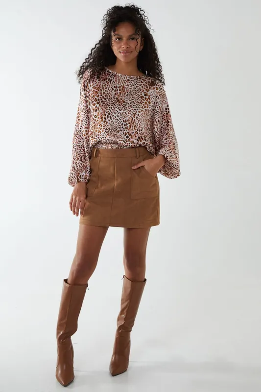 Round Neck Batwing Shirred Hemband Top - Blue Vanilla