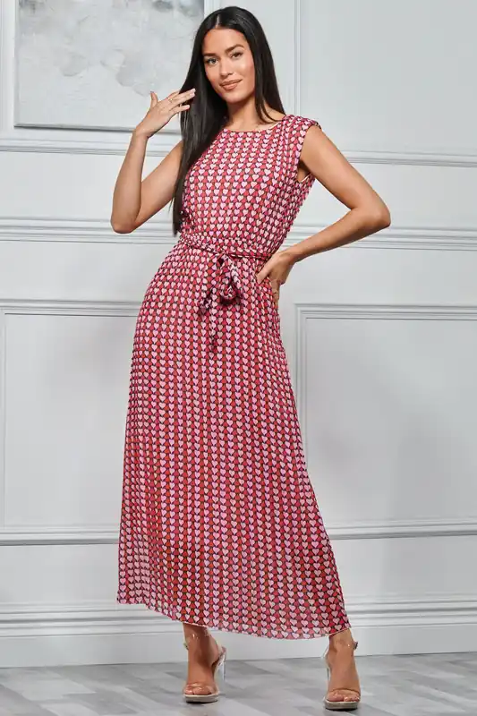 Heart Print Pleated Chiffon Maxi Dress - Jolie Moi