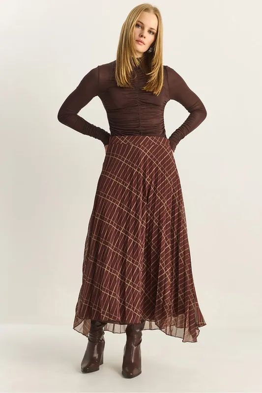 High Waist Maxi Chiffon Plaid Skirt - Bianco Lucci