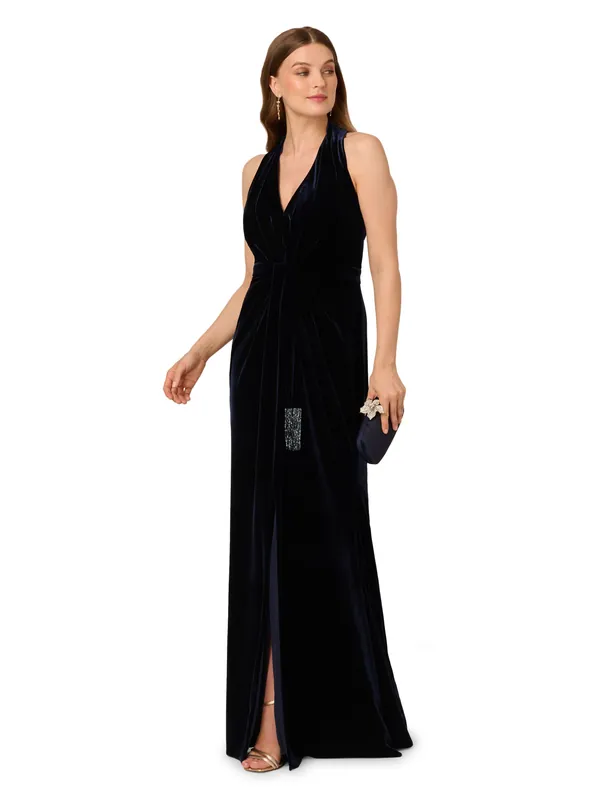 Halter Draped Velvet Gown - Adrianna Papell