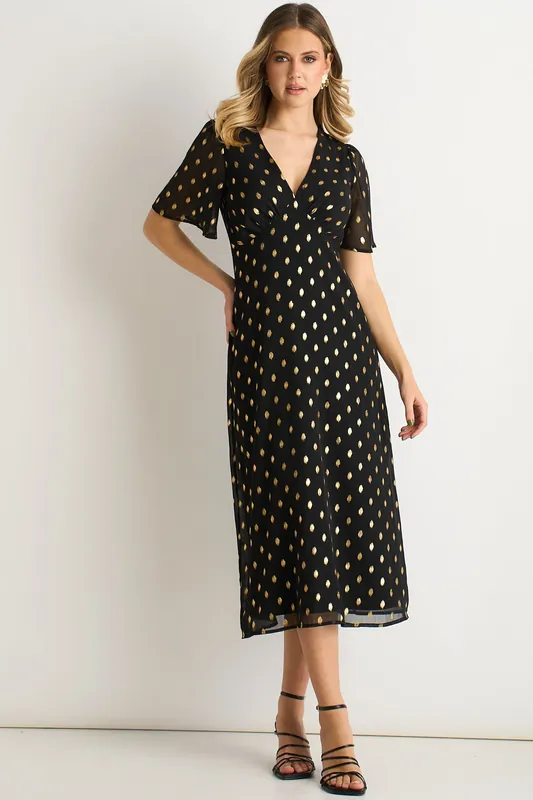 Black V Neck Foil Midi Skater Dress - Gini London