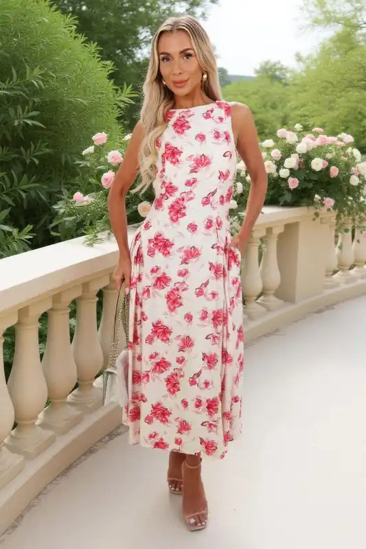 Pink And Cream Floral Print Pleated Hip Midi Dress - AX Paris