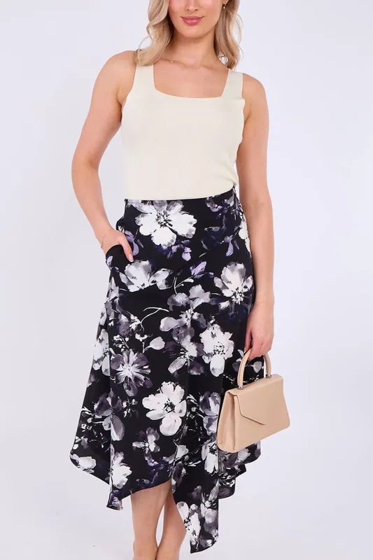 Black Floral Printed Asymmetric Hem Skirt - Love Sunshine