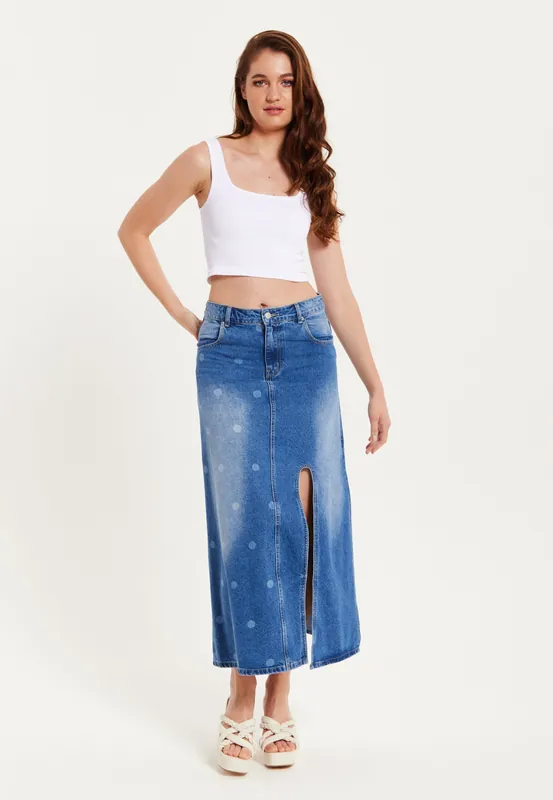 Polka Dot Midi Denim Skirt - Liquorish
