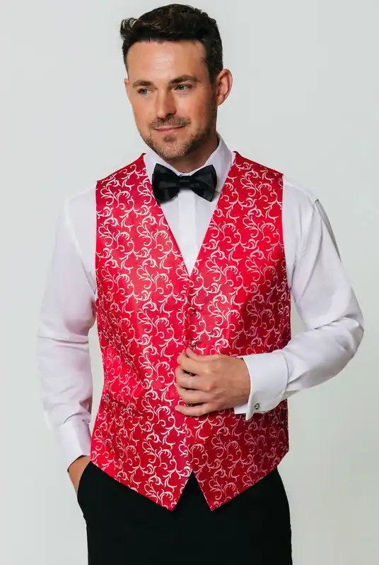 Red/Silver Edwardian Swirl Jacquard Waistcoat - Dobell