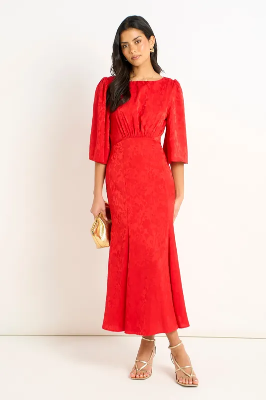 Red Satin Jacquard Midi Dress - Gini London