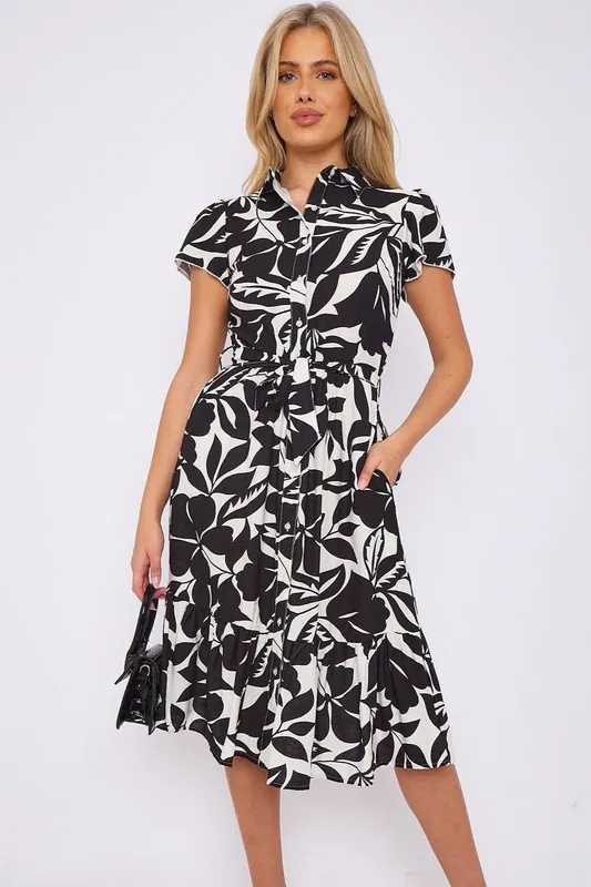 Black Leaf Printed Frilled Hem Midi Dress - Love Sunshine