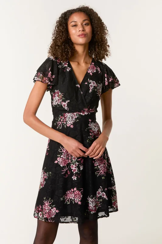 Black Floral Lace Mesh Frill Belted Mini - Blue Vanilla