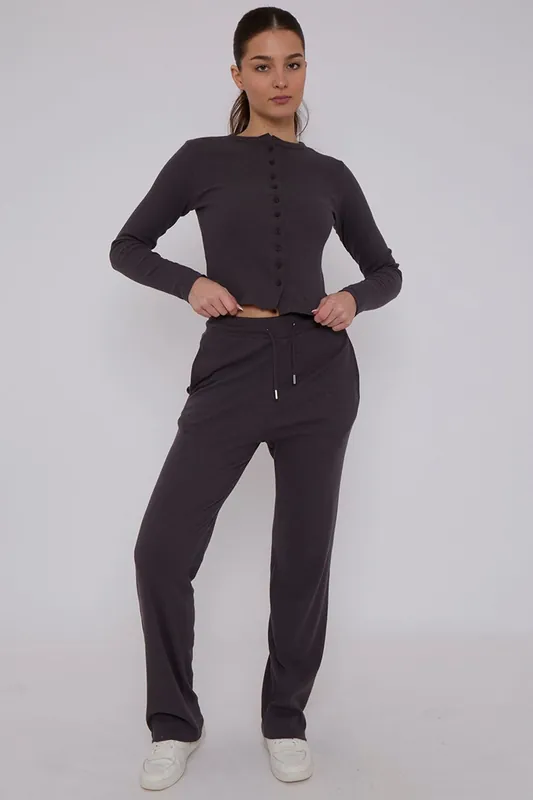 Ribbed Button Detail Crop Top and Wide Leg Trouser Co-ord
