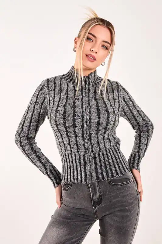 High Neck Zip Up Cable Knit - Pink Vanilla