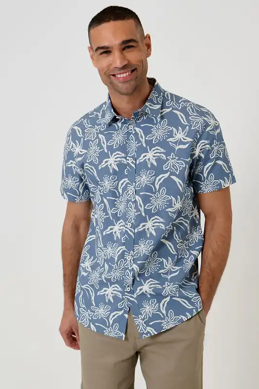 Tropical Print Cotton Short Sleeve Shirt - Threadbare