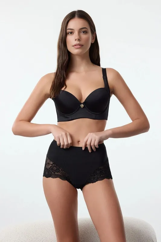 High Waist Lace Trim Shaping Knitted Briefs - WOVCOR