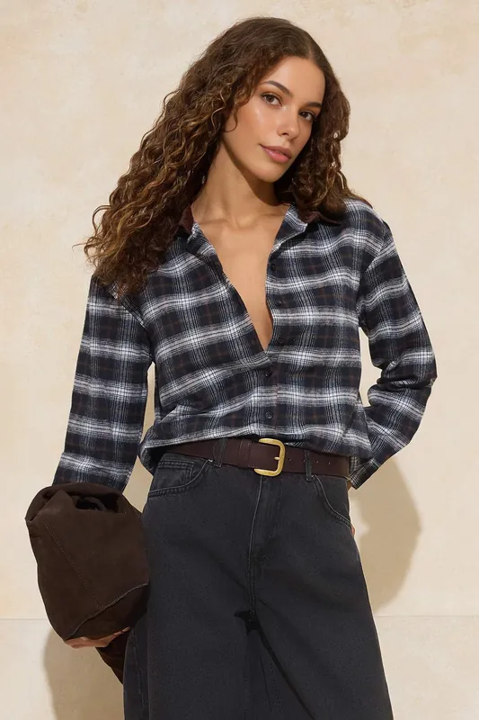 Oversized Check Flannel Shirt with Ribbed Collar Detail - WOVCOR