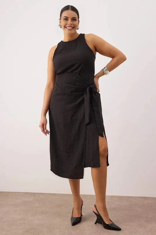 Textured Tie Waist Sleeveless Midi Wrap Dress - WOVCOR