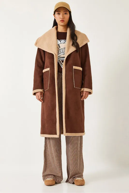 Long Plush Shawl Collar Coat - Bianco Lucci