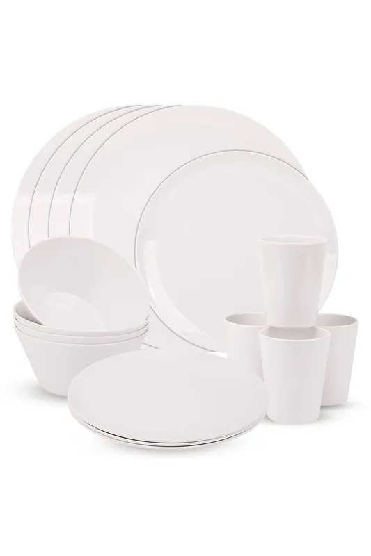16 Pieces Melamine Dinner Set - Dessert Plates, Bowls & Cups, White