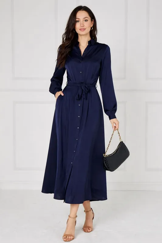 Navy Velvety Satin Maxi Shirt Dress - Love Sunshine