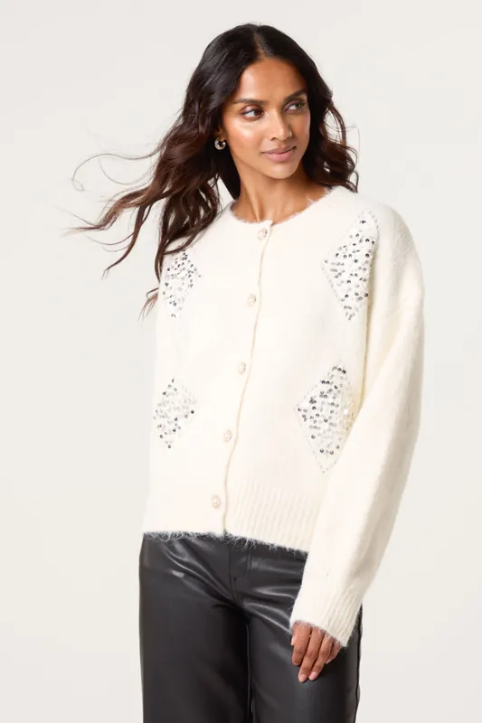 Ivory Diamante Sequin Brochure Button Front Cardigan - Blue Vanilla