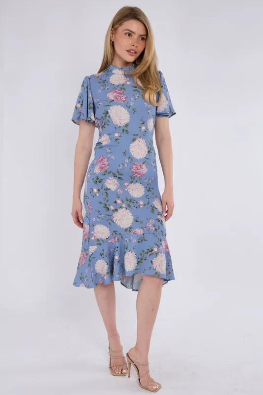 Blue Peony Flutter Sleeve Midi Tea Dress - Love Sunshine