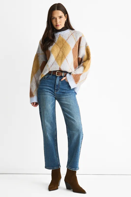 Blue Mid Rise Straight Leg Jeans - Gini London